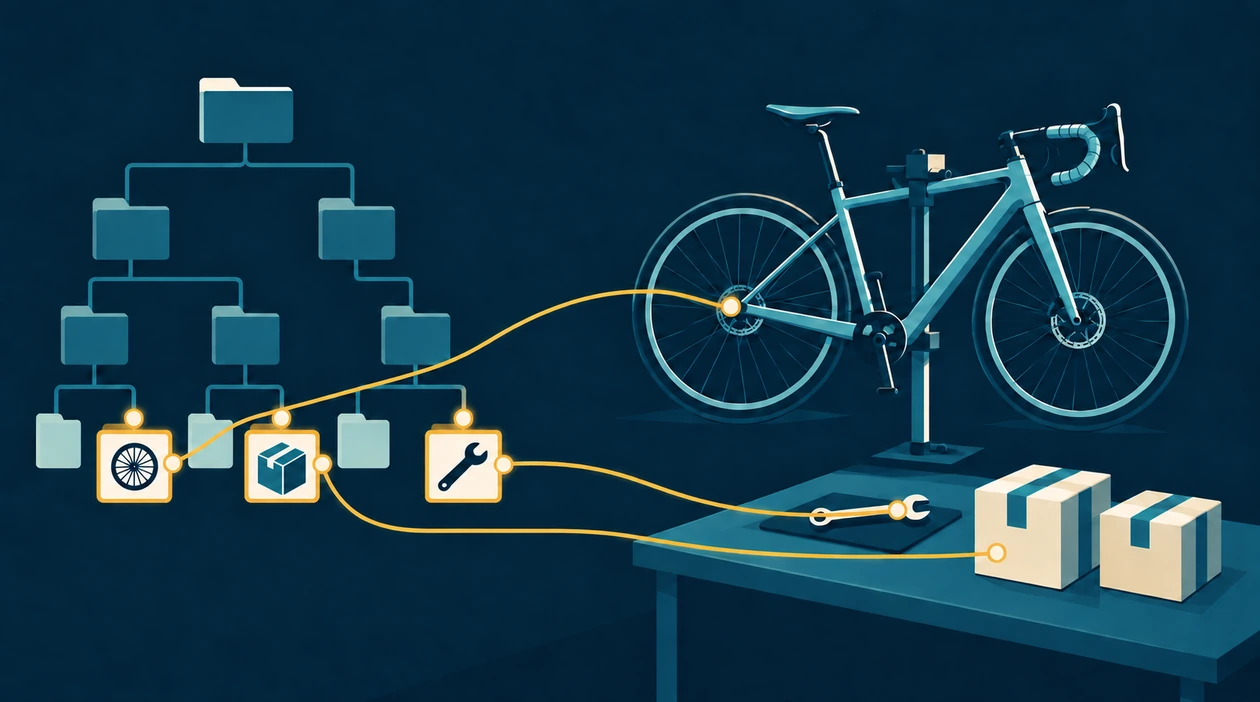 Ein Velobetrieb wählt getrennte Kontenzweige für Veloservice, Warenverkauf und Reparatur aus dem Kontenrahmen.